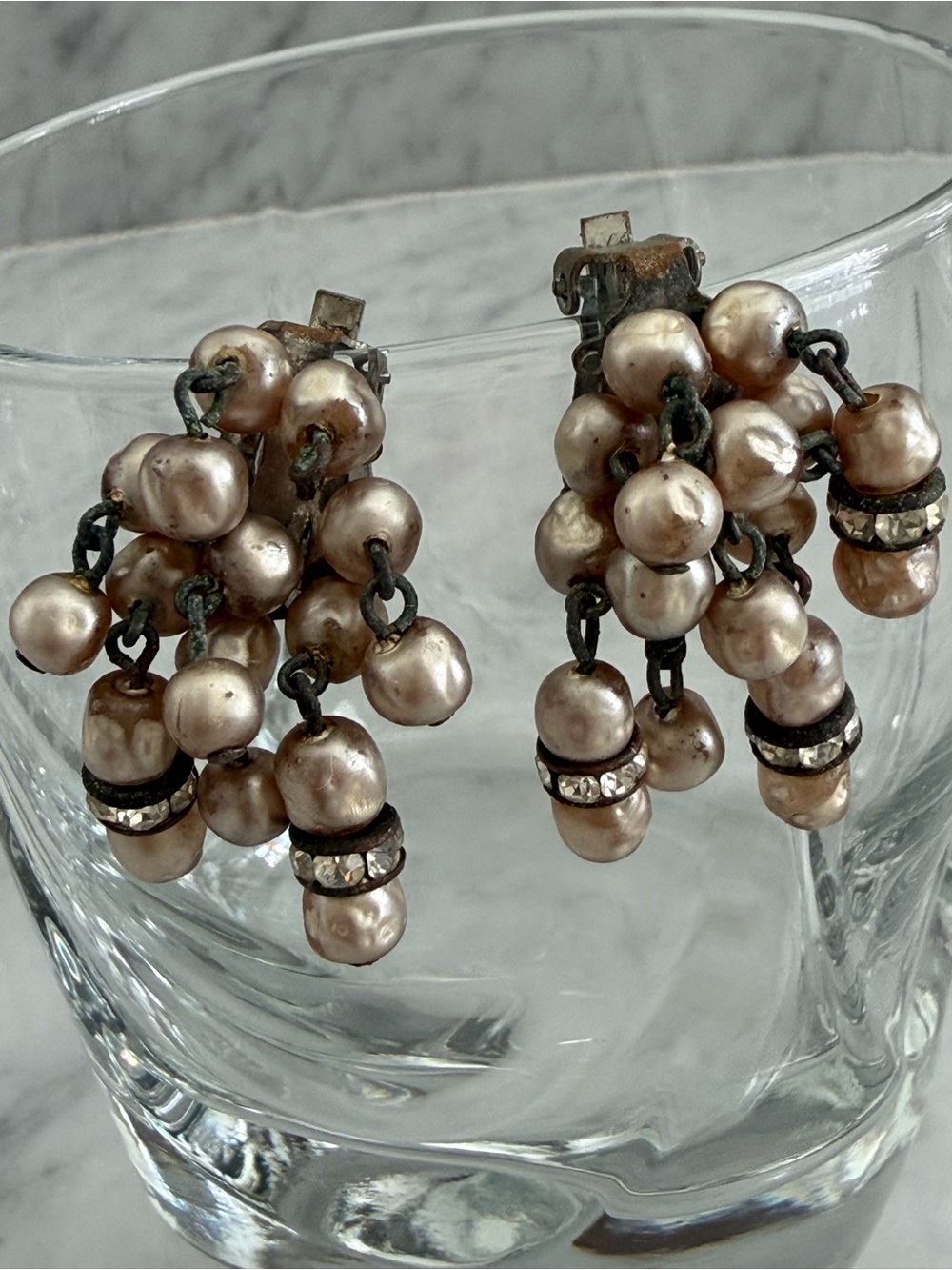 Champagne Pearl Cluster Drop Earrings with Rhinestone Accents